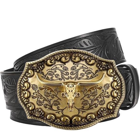 Western steer black embossed Leather Belt with Gold Buckle size medium 3… - Picture 1 of 5